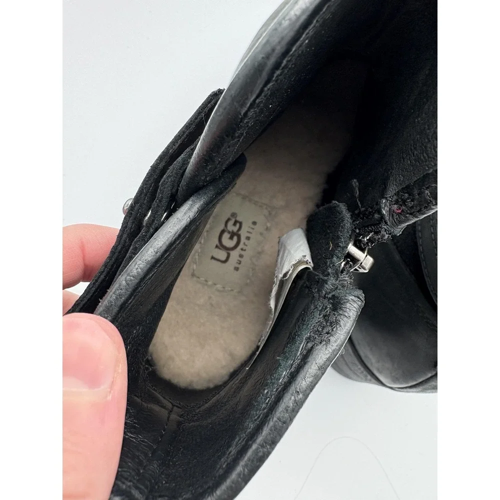 UGG Boots Womens Size 7 38 Black Leather Waterproof Wedge Ankle Booties